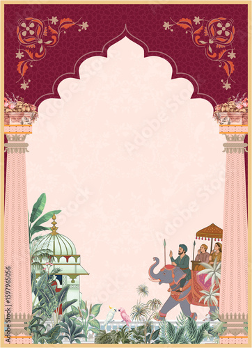 Mughal style wedding invitation floral patterns, traditional architecture, and an elegant elephant procession. template