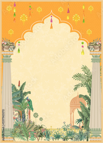 Vibrant Haldi Night invitation card template, Mughal architecture, lush greenery, and festive decorations in warm yellow and orange tones_
