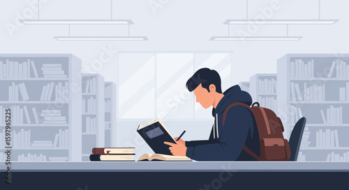 Focused Student Studying In Library With Books And Backpack Illustration