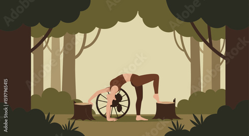 Forest Harmony A Woman Practices Yoga In A Natural Forest Setting With Wheel
