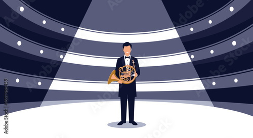French Horn Player Ready To Perform On Stage Orchestral Concert Hall