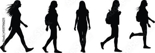 Silhouette of young women walking with backpacks, student or traveler concept, side and front view, isolated on white background