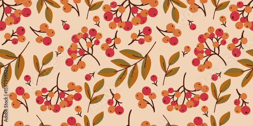 Seamless floral pattern of rowan leaves and red ripe berries on  light background. For prints of fabrics, textiles, packaging.