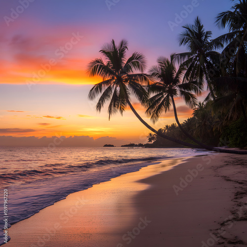 Tropical sunset beach paradise with silhouetted palm trees