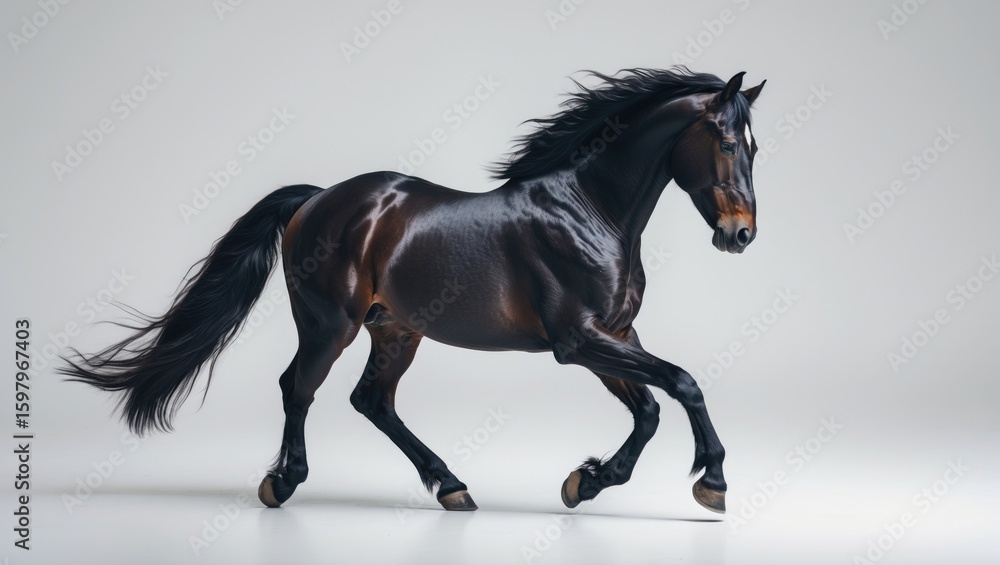 Fototapeta premium A dark brown or black horse running on a plain with a light background.