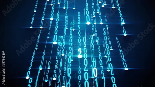 Blue binary code streaming downward in digital rain matrix style