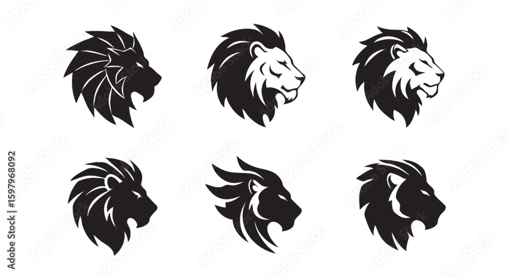 Obraz premium A vector icon sheet featuring a curated set of lion head logo designs with an elegant yet simple approach. 