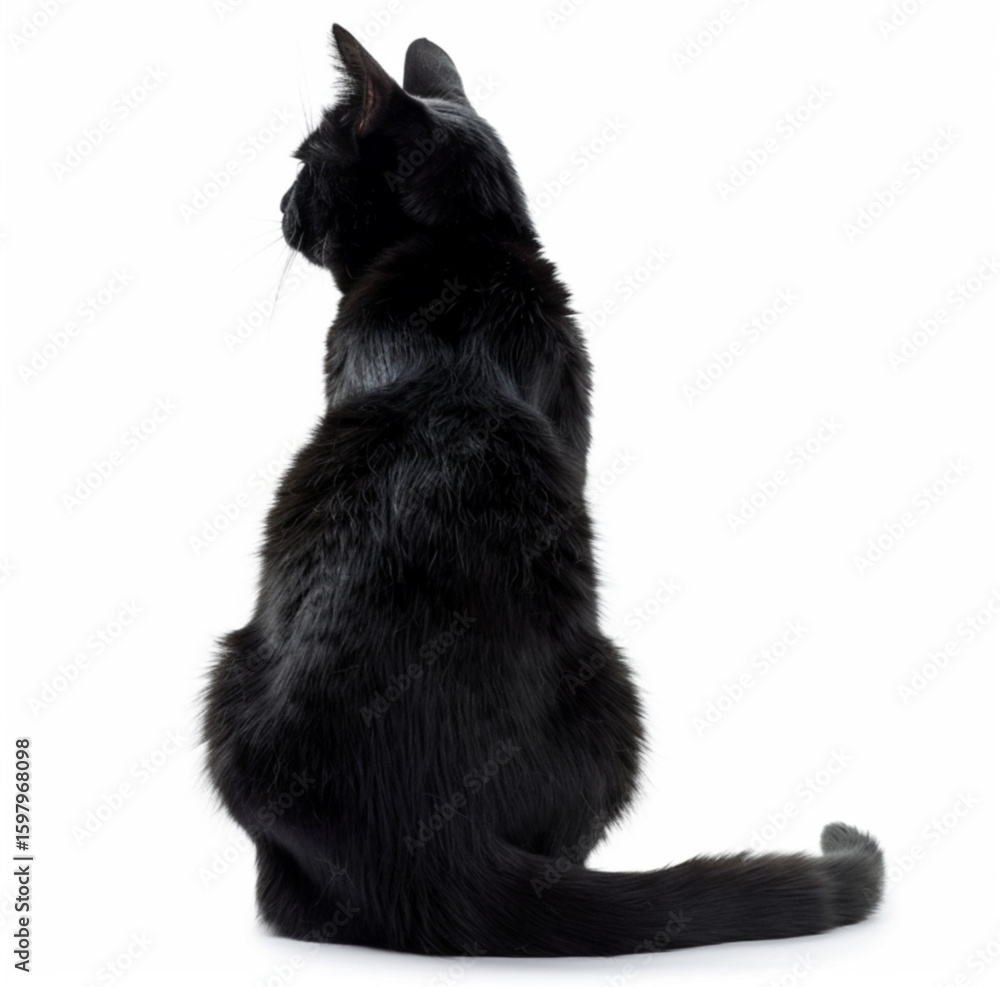 Obraz premium a black cat sitting upright on its hind legs, rear view, sleek fur, tail curled slightly, isolated on a white background, minimalist.