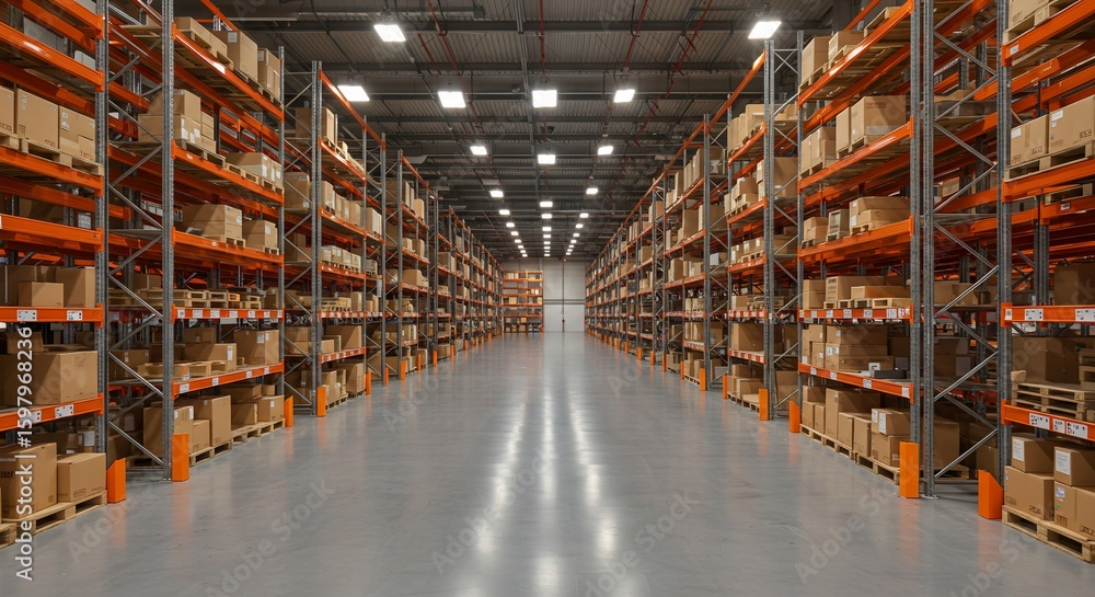 Large warehouse interior with shelves full of cardboard boxes for industrial storage distribution Large warehouse interior with shelves full of cardboard boxes for industrial storage distribution