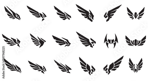 A stylish vector icon sheet showcasing a collection of elegant wing logo designs in a clean and minimalist style.