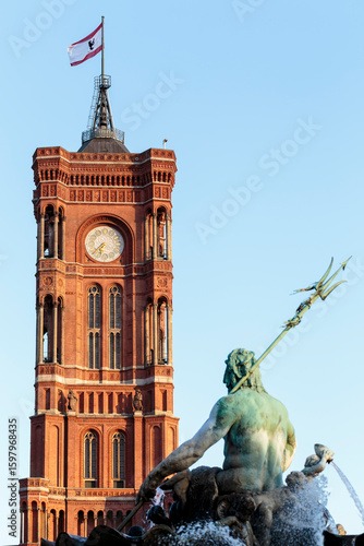Berlin's town hall or Rotes Rathaus (English: Red City Hall), and the Neptune Fountain right in front