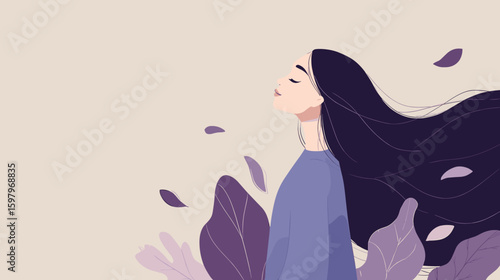 Young woman with long hair breathing deeply among purple leaves  