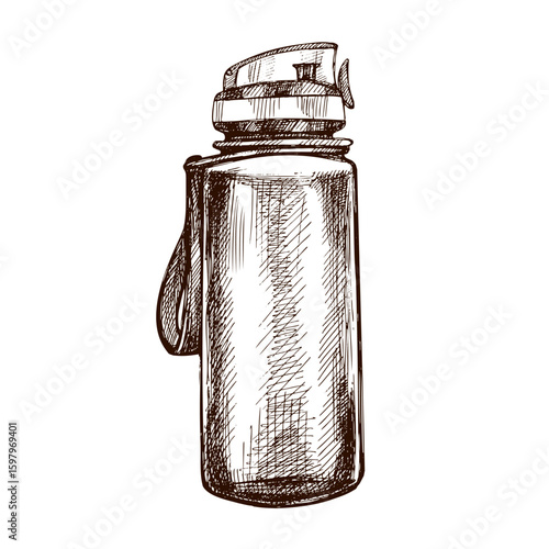 Hand drawn vintage sketch of sport water bottle with cap and handle, black and white isolated illustration