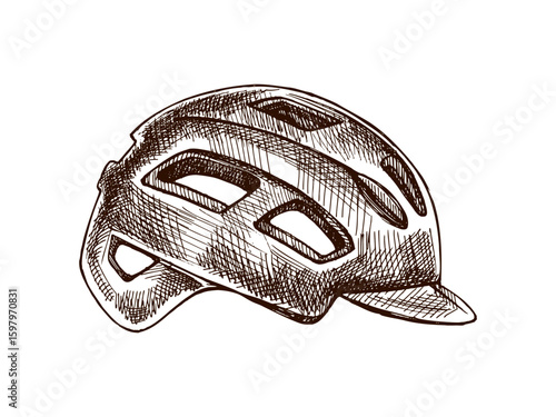 Hand drawn vintage sketch of protective bicycle helmet with air vents and visor, black and white cycling equipment