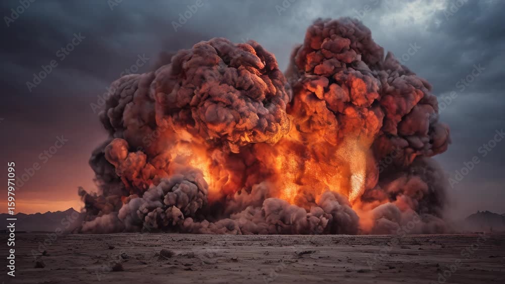 A massive explosion occurs in a remote desert area, creating an impressive display of fire and smoke against a dramatic evening sky. The scenery captures the intensity of military operations.