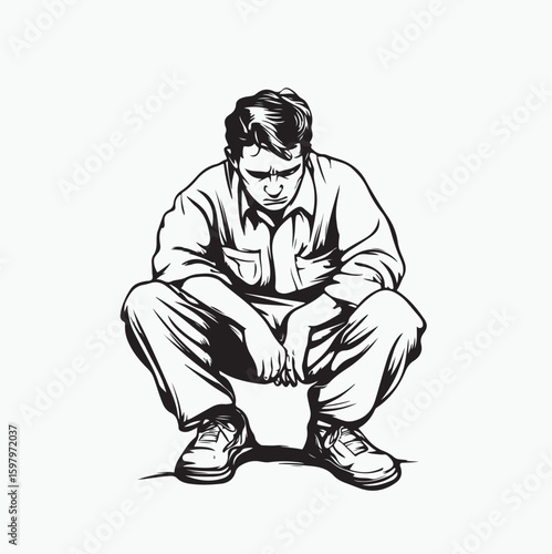 sad squatting man