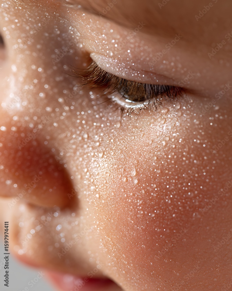Fototapeta premium Close-up of Asian baby's cheek skin with small droplets of clear water scattered on the skin, showing moisture, smooth and clear skin, white background, natural light.