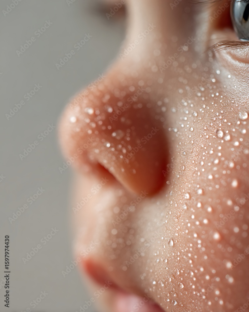 Fototapeta premium Close-up of Asian baby's cheek skin with small droplets of clear water scattered on the skin, showing moisture, smooth and clear skin, white background, natural light.
