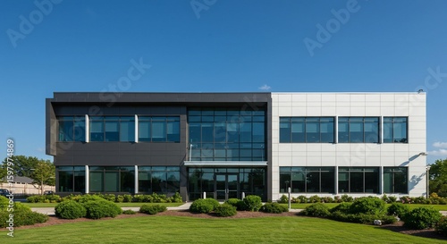 Modern two story office building with glass windows under clear blue sky