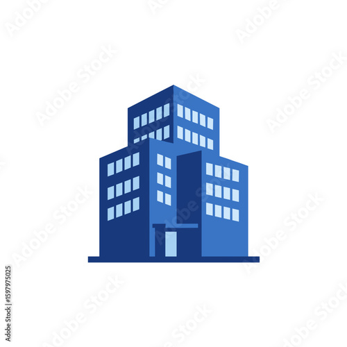 Modern blue office building with geometric design elements on isolated background 