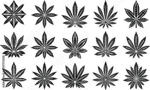 Collection of stylized cannabis leaf designs in black and white