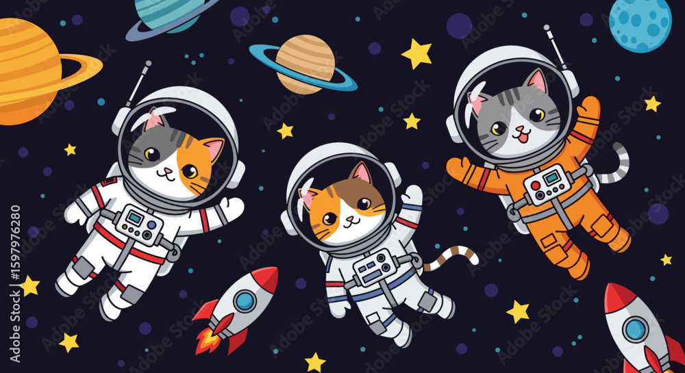 Three adorable cats in astronaut suits floating in space, perfect for children's books, websites, or apparel. Three adorable cats in astronaut suits floating in space, perfect for children's books, websites, or apparel.