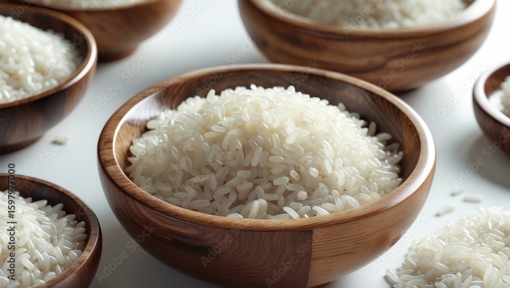 Bowl of cooked rice in wooden bowls, close-up. Bowl of cooked rice in wooden bowls, close-up.