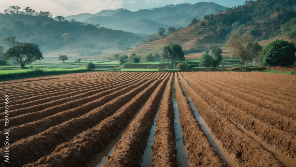 A rural farmland scene with plowed fields, green hills, and distant mountains. A rural farmland scene with plowed fields, green hills, and distant mountains.