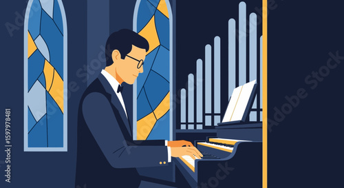 Organist Performing In A Cathedral During Concert Featuring Stained Glass Windows
