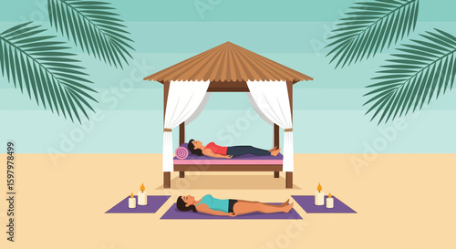 Tranquil Beachside Retreat With Yoga Session And Relaxation Under Palm Trees