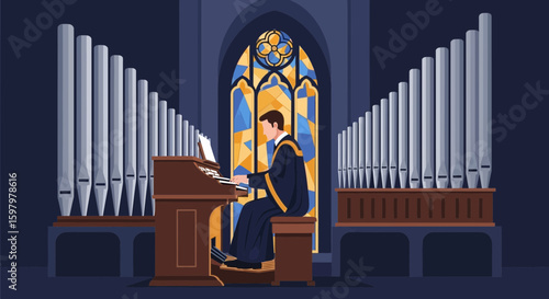 Organist Playing Grand Instrument In Church With Stained Glass Window Artwork