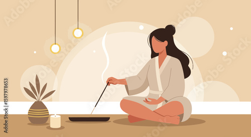 Woman Meditating With Incense Stick In A Serene And Peaceful Atmosphere