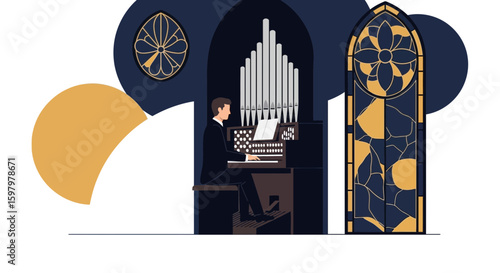 Organist Playing Melodies In The Church With Stained Glass Windows Artwork