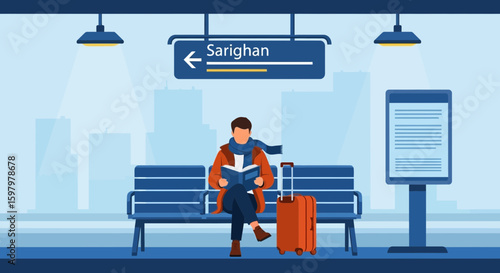 Traveler Reads While Waiting For Public Transportation At Railway Station