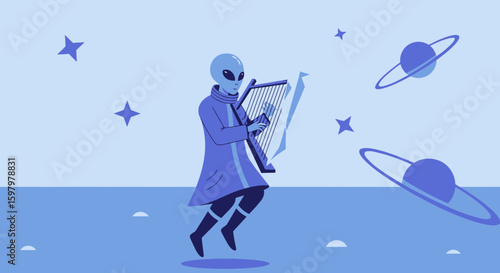 Otherworldly Harpist: An Alien Serenade Amidst Cosmic Wonders and Extraterrestrial Harmony