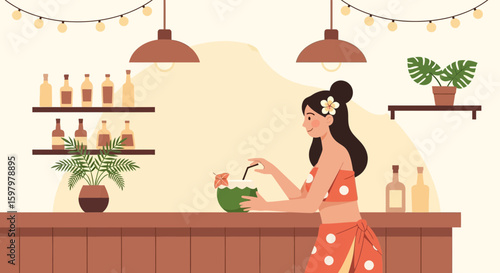 Tropical Paradise Awaits Woman Enjoying Coconut Cocktail At Tiki Bar