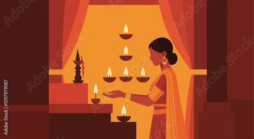 Woman Offering Prayers With Traditional Oil Lamps During Festive Occasion