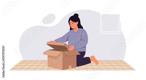 Woman Opens A Cardboard Box While Kneeling On The Floor With Excitement