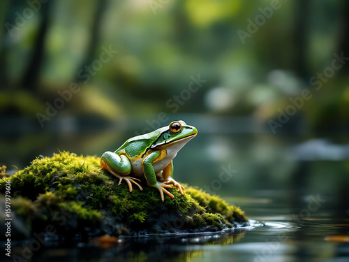 Frog on a Wet Rock. Green Frog Resting on a Stone
. Frog by the Pond on a Rock