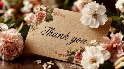 A thank you card with elegant floral design rests on rustic wood, surrounded by soft blooms and fresh greenery, creating a heartfelt and welcoming atmosphere.