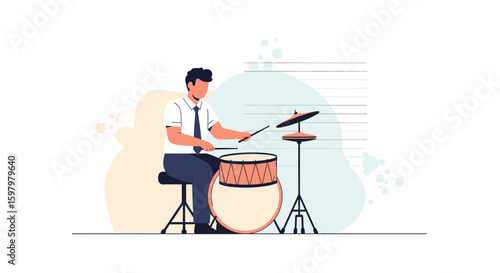 Passionate Musician Playing Drums During a Practice Session With Energy