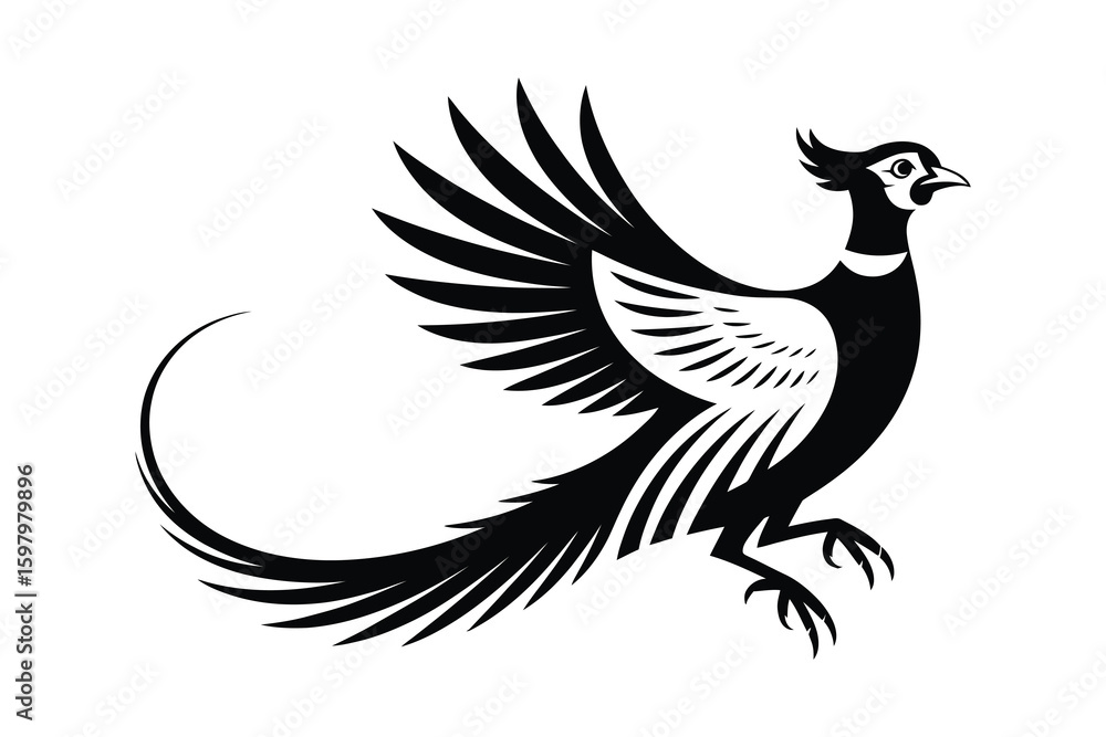 Fototapeta premium flying pheasant bird silhouette elegant tail feather animal vector illustration decorative wild nature graphic