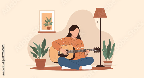 Woman Playing Acoustic Guitar At Home In Cozy Room Vector Illustration