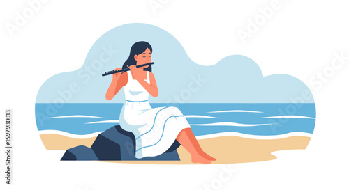 Woman Playing Flute At The Beach In Serene Musical Coastal Setting Illustration