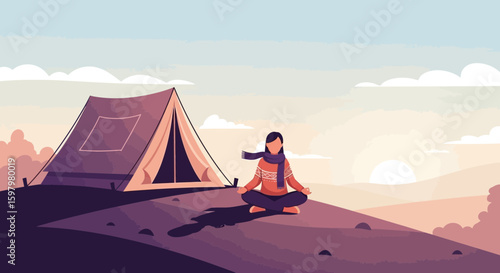 Peaceful Camping: Woman Practicing Meditation Near Tent Against Scenic Landscape