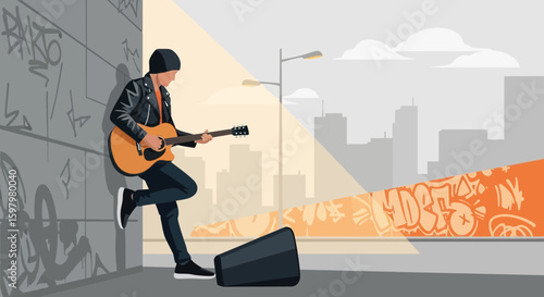 Urban Serenade Guitarist Plays Outdoors Against Graffiti Wall In Cityscape Setting