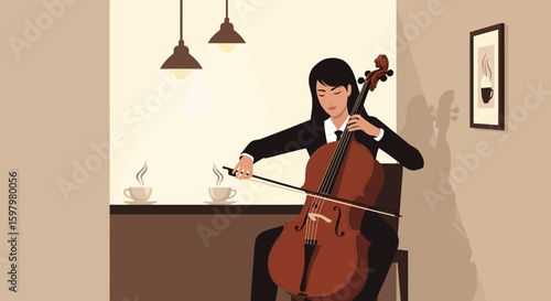 Woman Playing Cello In Cafe With Coffee, Abstract Flat Design Illustration