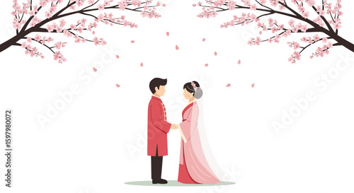 Romantic Traditional Wedding Under Cherry Blossom Trees For Love Celebration