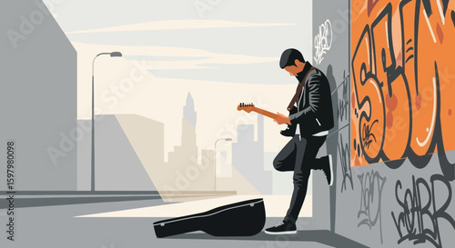 Urban Serenade Musician With Guitar Performing On City Street Corner With Graffiti