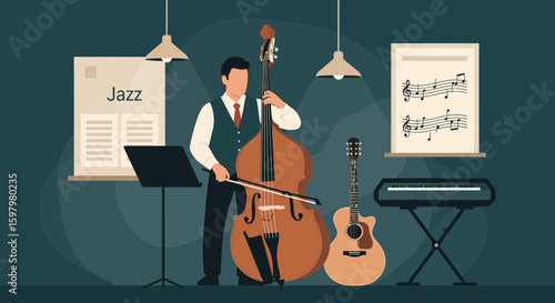 Vector Illustration Depicting a Man Performing Music on Double Bass in a Studio